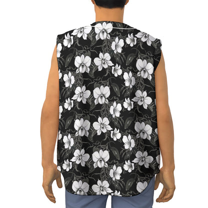 Black And White Cattleya Pattern Print Sleeveless Baseball Jersey