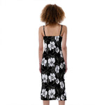 Black And White Cattleya Pattern Print Slim Fit Midi Cami Dress