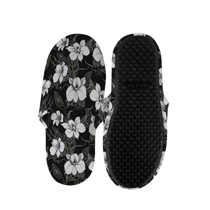 Black And White Cattleya Pattern Print Slippers