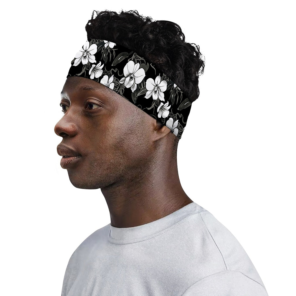Black And White Cattleya Pattern Print Sports Headband