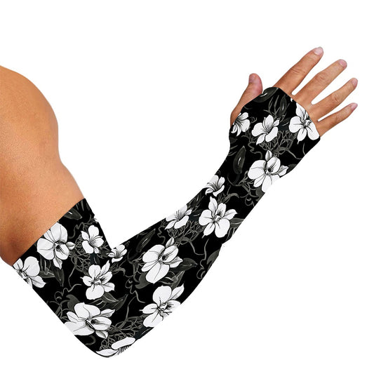 Black And White Cattleya Pattern Print Sun Protection Arm Sleeves
