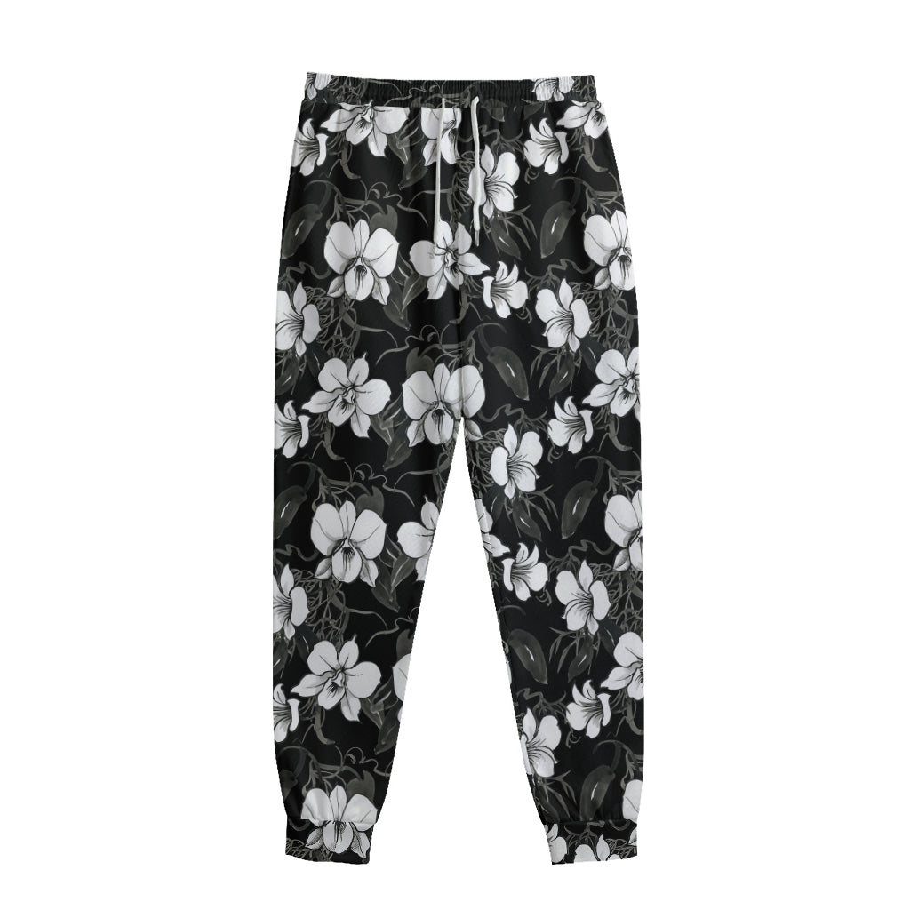 Black And White Cattleya Pattern Print Sweatpants