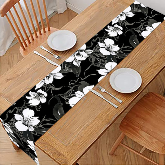 Black And White Cattleya Pattern Print Table Runner