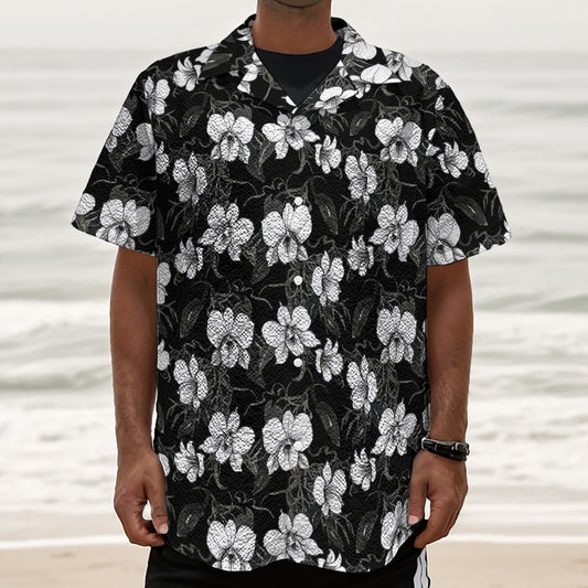Black And White Cattleya Pattern Print Textured Short Sleeve Shirt