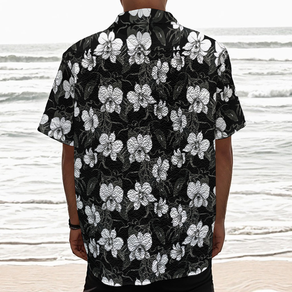 Black And White Cattleya Pattern Print Textured Short Sleeve Shirt