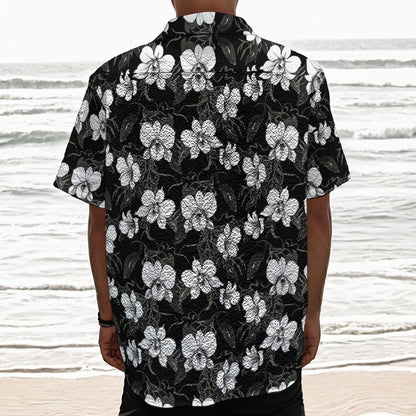 Black And White Cattleya Pattern Print Textured Short Sleeve Shirt