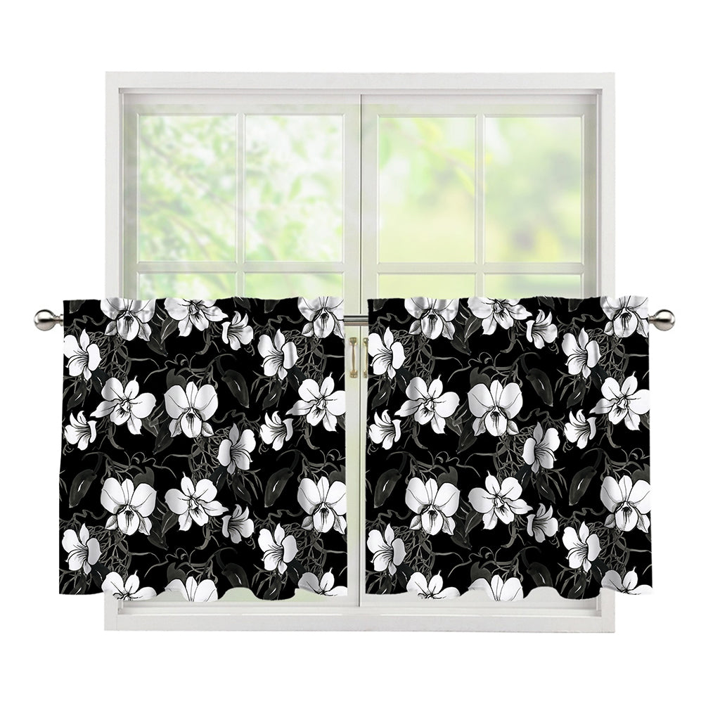 Black And White Cattleya Pattern Print Tier Curtains