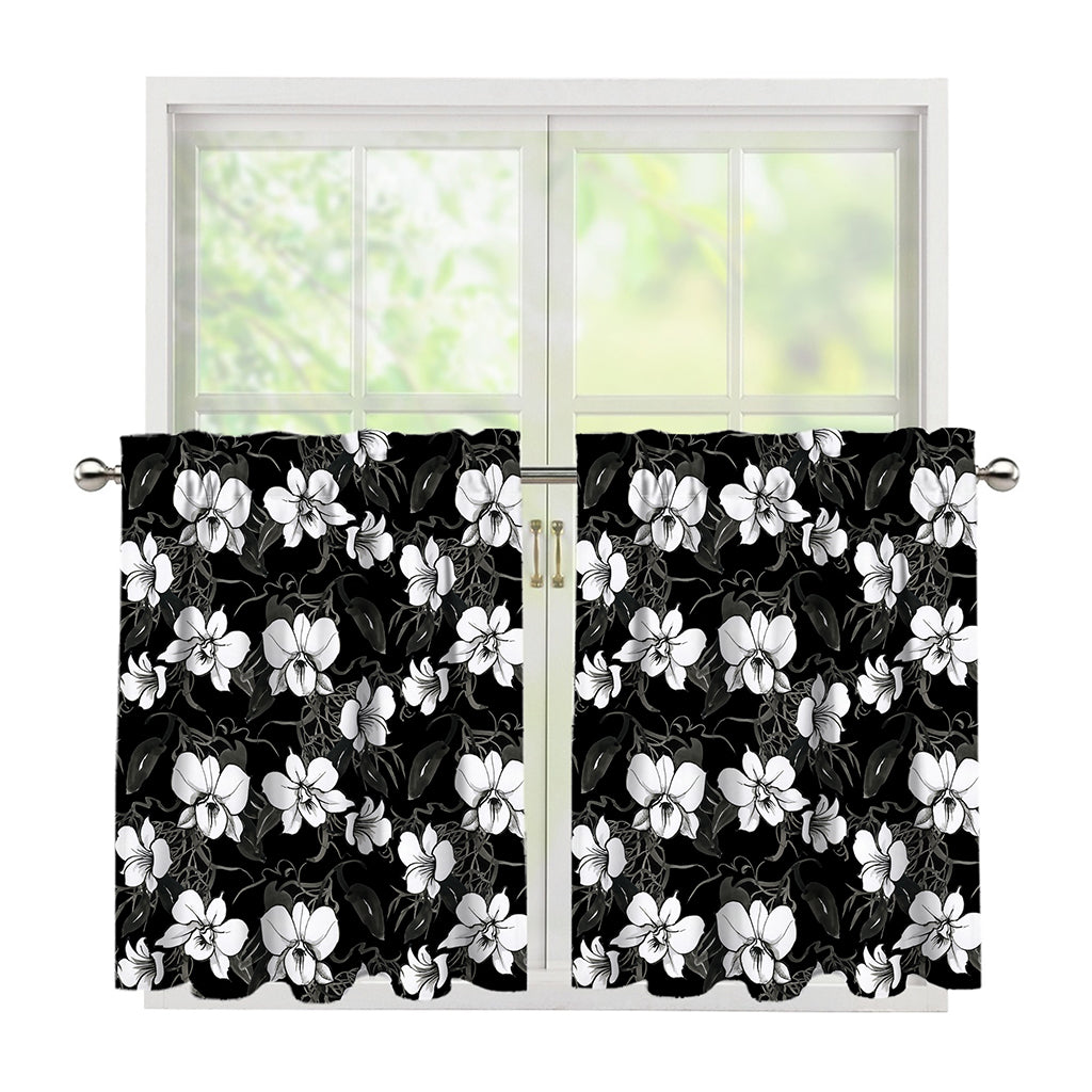 Black And White Cattleya Pattern Print Tier Curtains