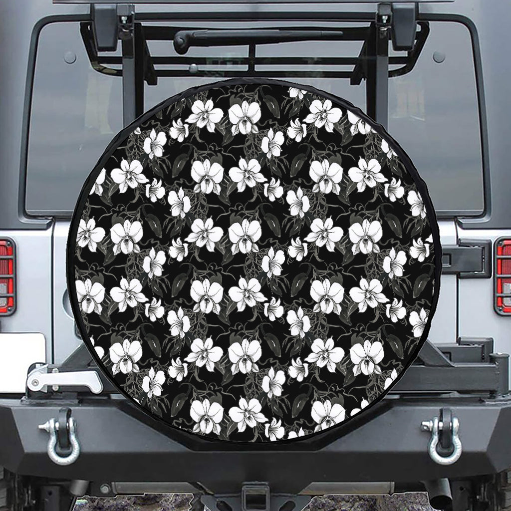 Black And White Cattleya Pattern Print Tire Cover