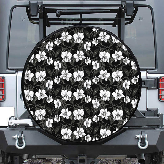 Black And White Cattleya Pattern Print Tire Cover