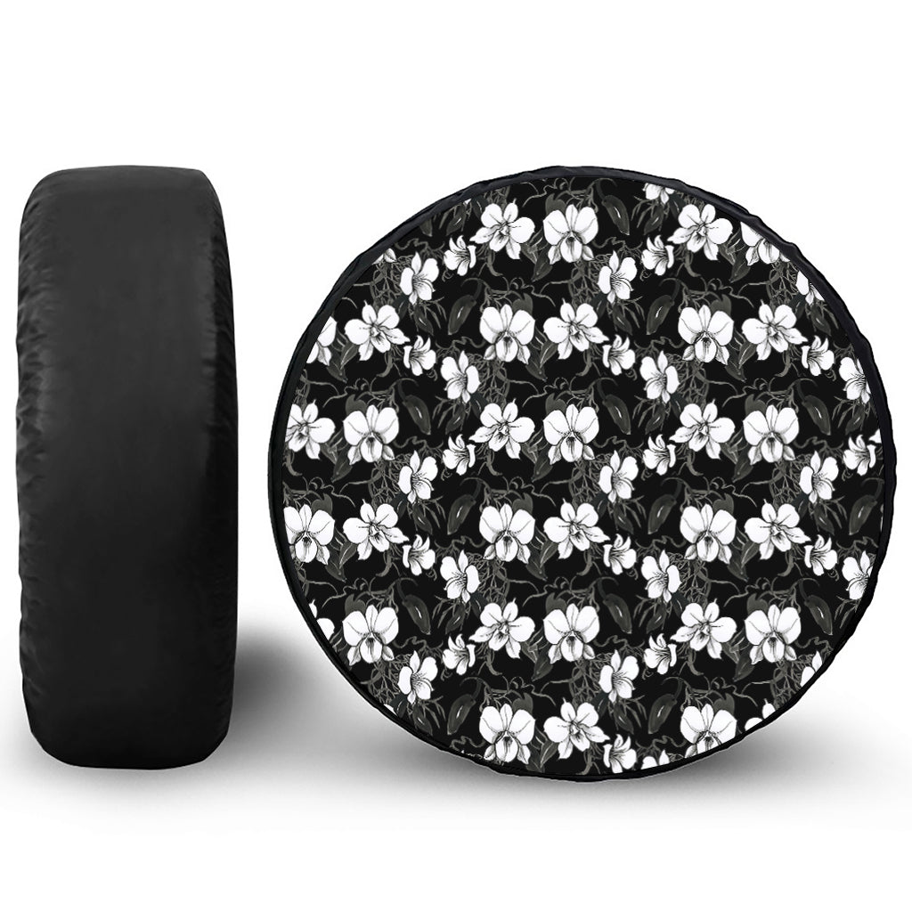 Black And White Cattleya Pattern Print Tire Cover