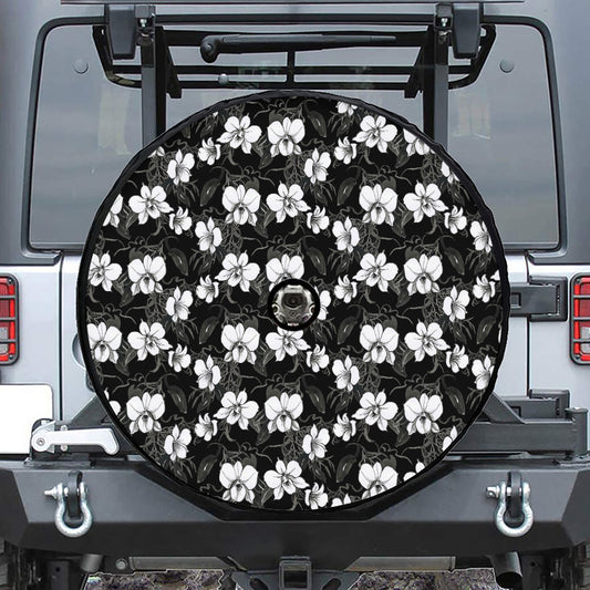 Black And White Cattleya Pattern Print Tire Cover With Camera Hole