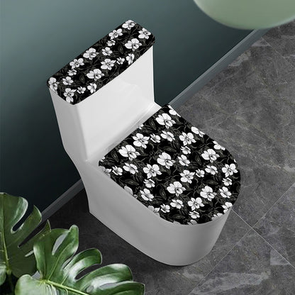 Black And White Cattleya Pattern Print Toilet Lid And Tank Cover Set