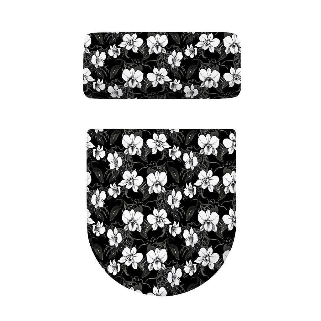Black And White Cattleya Pattern Print Toilet Lid And Tank Cover Set