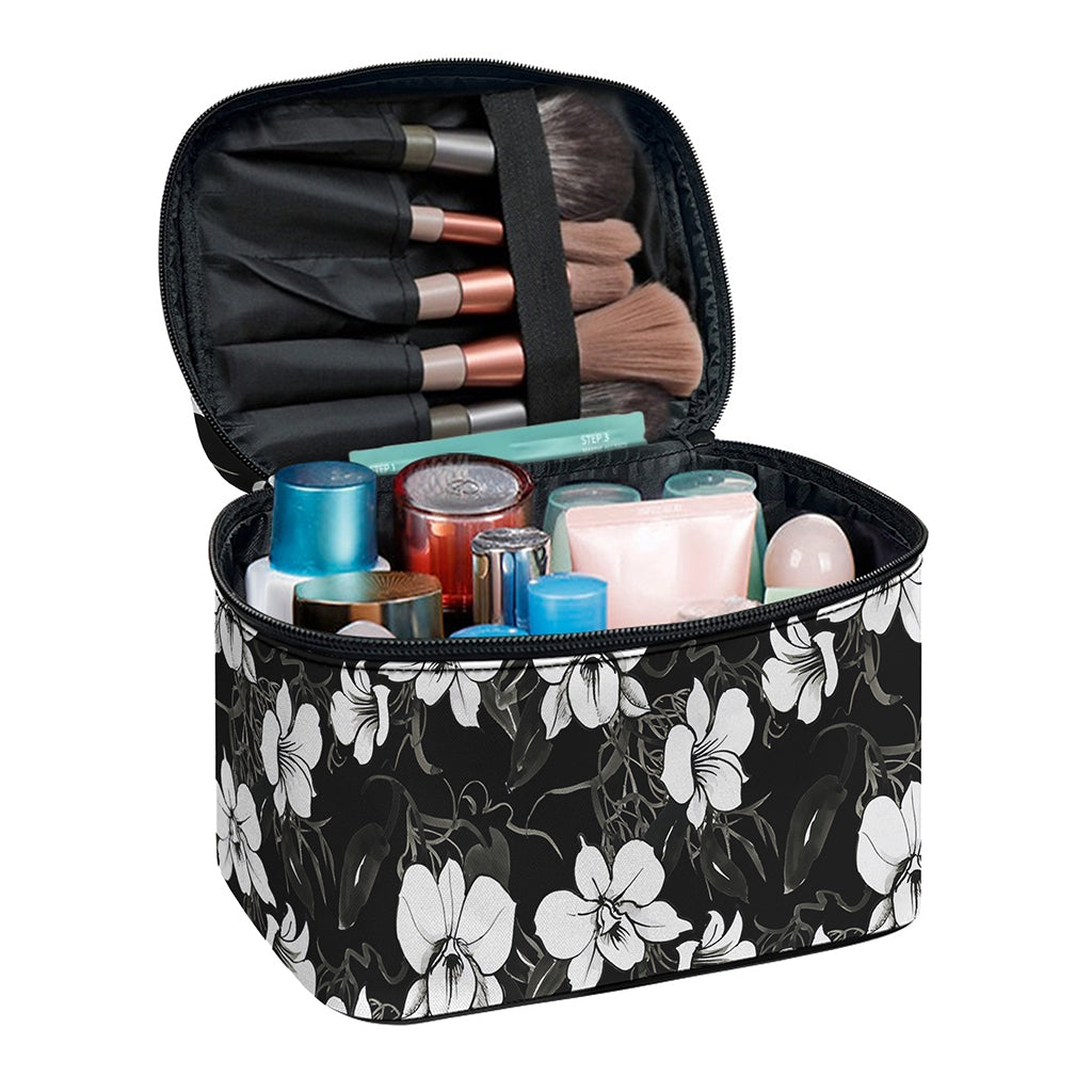 Black And White Cattleya Pattern Print Travel Makeup Bag