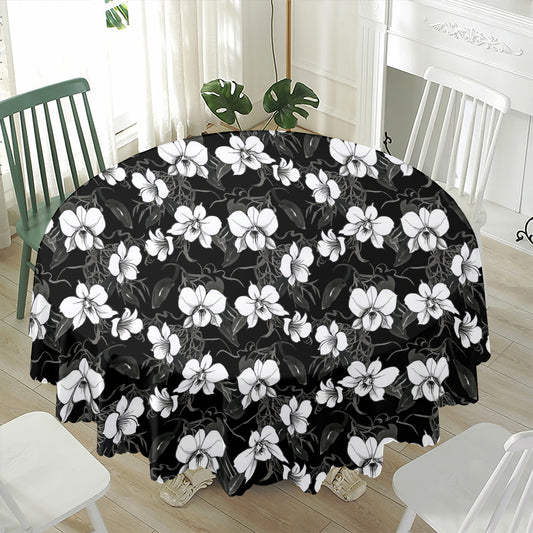 Black And White Cattleya Pattern Print Waterproof Round Tablecloth