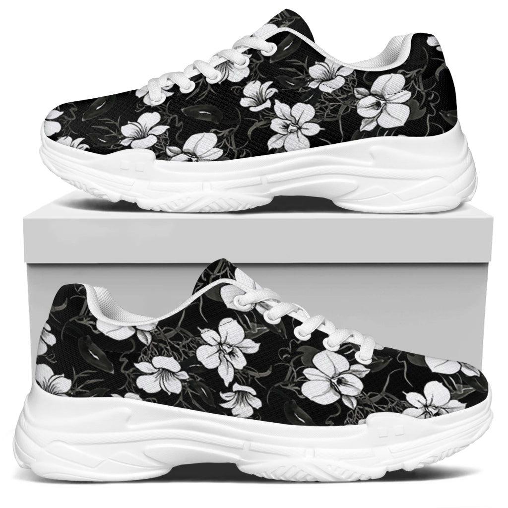 Black And White Cattleya Pattern Print White Chunky Shoes