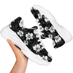 Black And White Cattleya Pattern Print White Chunky Shoes