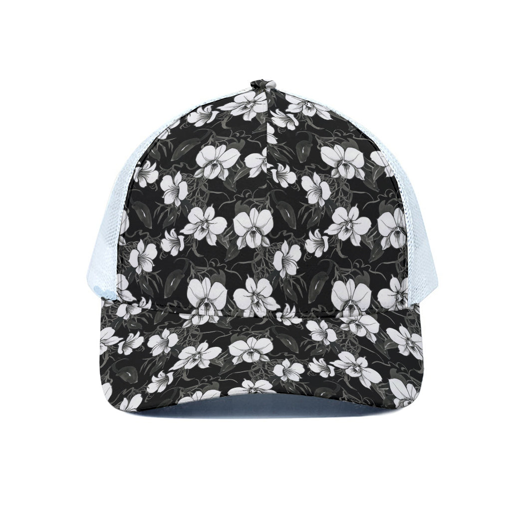 Black And White Cattleya Pattern Print White Mesh Trucker Cap