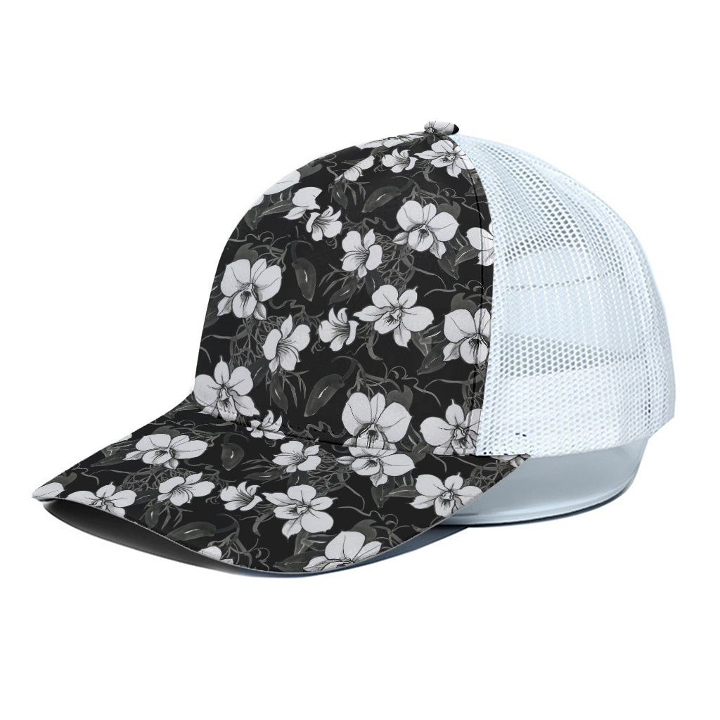 Black And White Cattleya Pattern Print White Mesh Trucker Cap