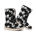Black And White Cattleya Pattern Print Winter Boots