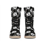 Black And White Cattleya Pattern Print Winter Boots