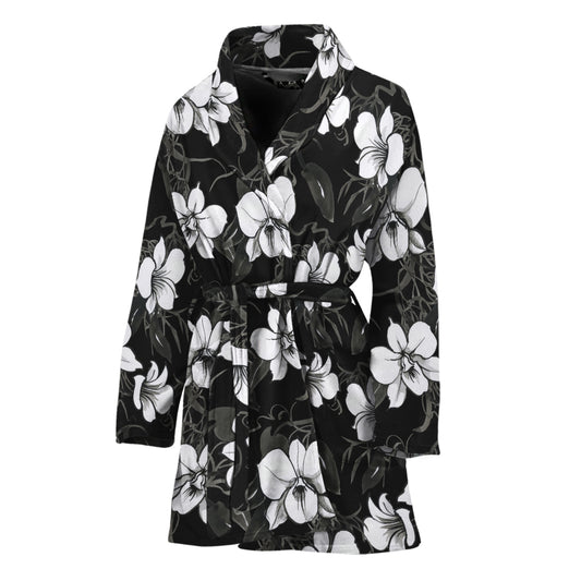 Black And White Cattleya Pattern Print Women's Bathrobe