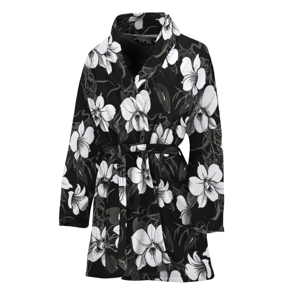 Black And White Cattleya Pattern Print Women's Bathrobe