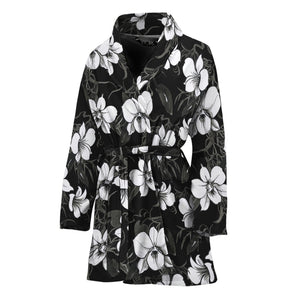 Black And White Cattleya Pattern Print Women's Bathrobe