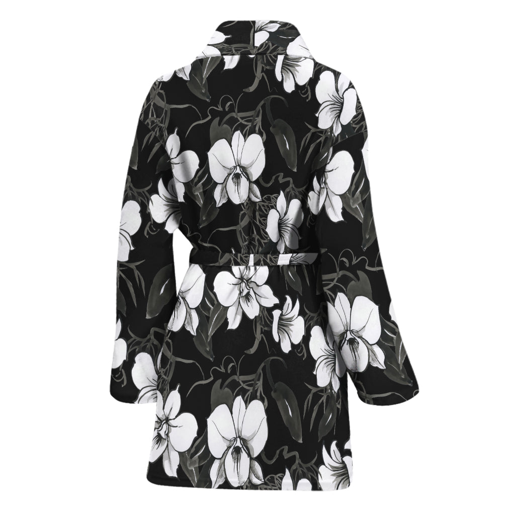 Black And White Cattleya Pattern Print Women's Bathrobe