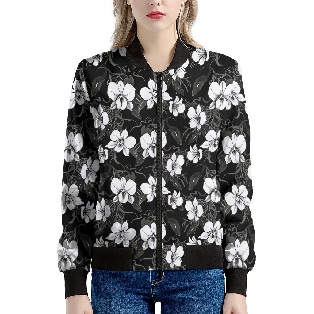 Black And White Cattleya Pattern Print Women's Bomber Jacket