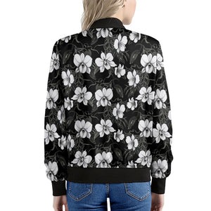 Black And White Cattleya Pattern Print Women's Bomber Jacket