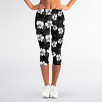 Black And White Cattleya Pattern Print Women's Capri Leggings