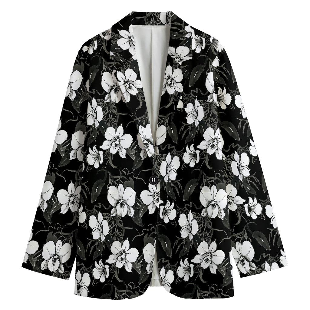 Black And White Cattleya Pattern Print Women's Cotton Blazer