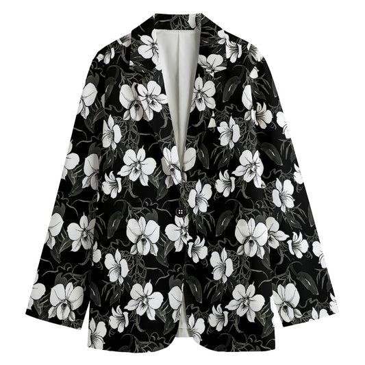 Black And White Cattleya Pattern Print Women's Cotton Blazer