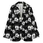 Black And White Cattleya Pattern Print Women's Cotton Blazer