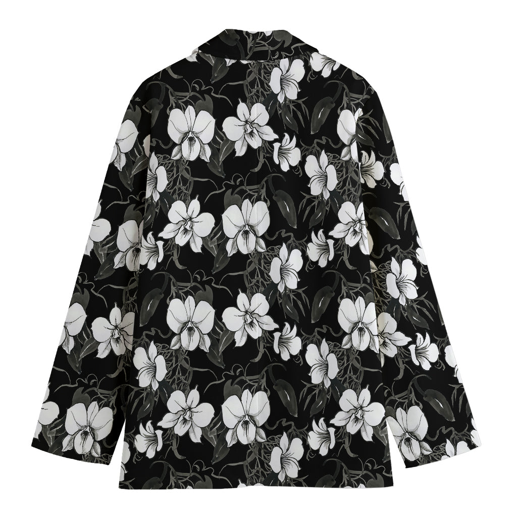 Black And White Cattleya Pattern Print Women's Cotton Blazer