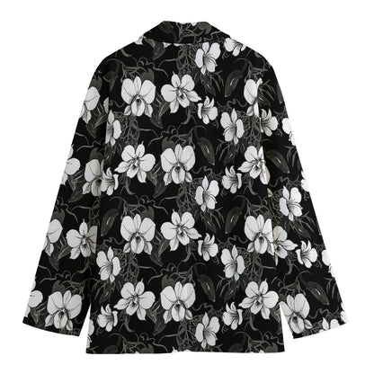 Black And White Cattleya Pattern Print Women's Cotton Blazer