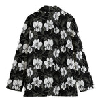Black And White Cattleya Pattern Print Women's Cotton Blazer