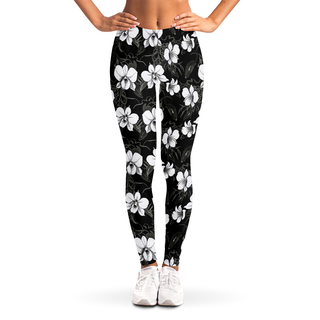 Black And White Cattleya Pattern Print Women's Leggings