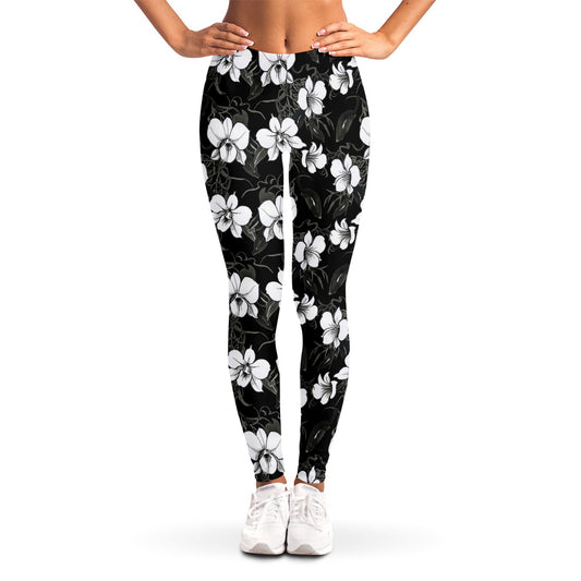 Black And White Cattleya Pattern Print Women's Leggings