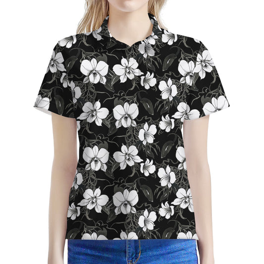 Black And White Cattleya Pattern Print Women's Polo Shirt