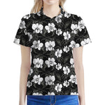 Black And White Cattleya Pattern Print Women's Polo Shirt