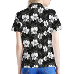 Black And White Cattleya Pattern Print Women's Polo Shirt