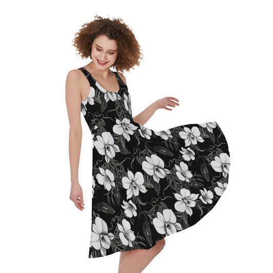 Black And White Cattleya Pattern Print Women's Sleeveless Dress