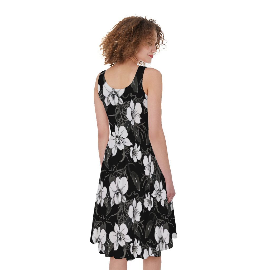Black And White Cattleya Pattern Print Women's Sleeveless Dress