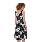 Black And White Cattleya Pattern Print Women's Sleeveless Dress