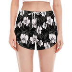 Black And White Cattleya Pattern Print Women's Split Running Shorts