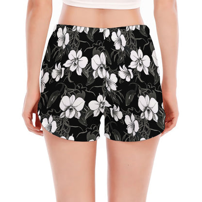 Black And White Cattleya Pattern Print Women's Split Running Shorts