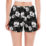 Black And White Cattleya Pattern Print Women's Split Running Shorts